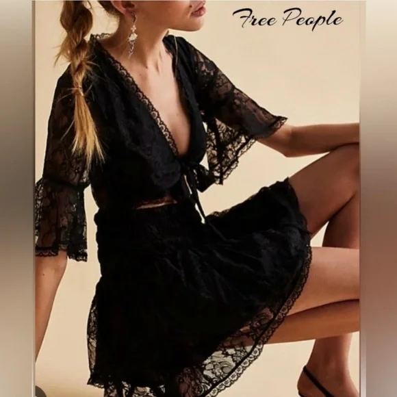 Free People LaLa Lace Mini Dress Color Black Size XL - Picture 4 of 9
